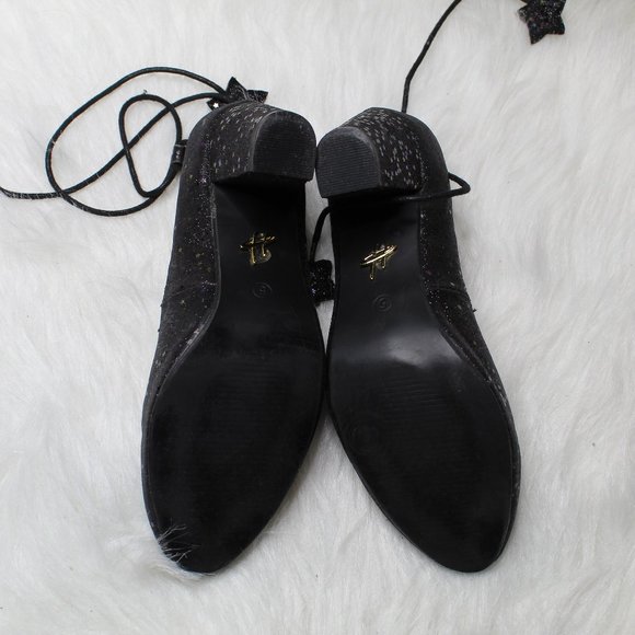 Lulu Hun Black Lace Up Sparkle Iridescent Star Block Heel Size 5 - Picture 11 of 15